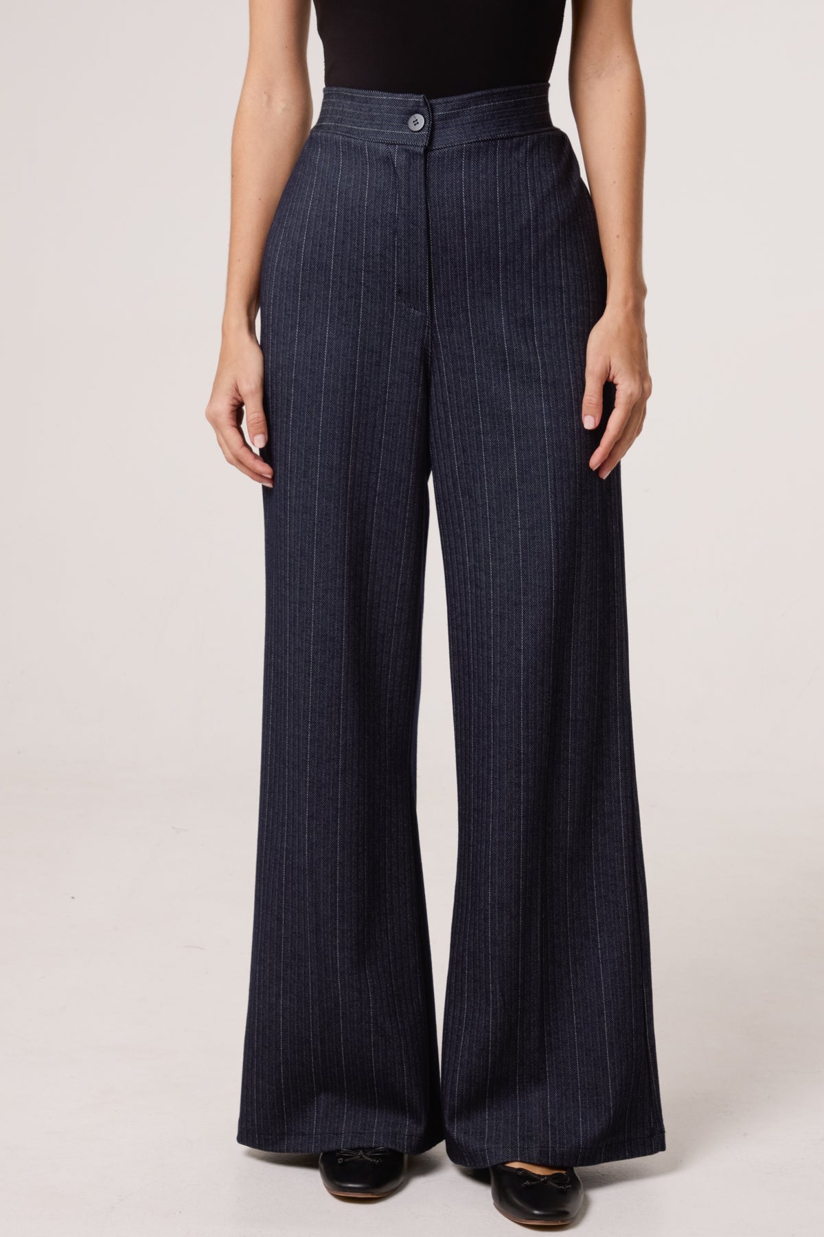 Wool Like Pinstripe Wide Leg Trousers