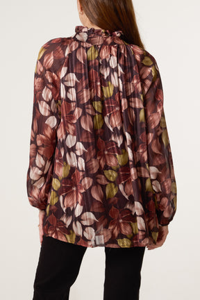 Lurex Floral High Neck Blouse