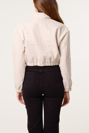 Patterned Wool Like Cropped Bomber