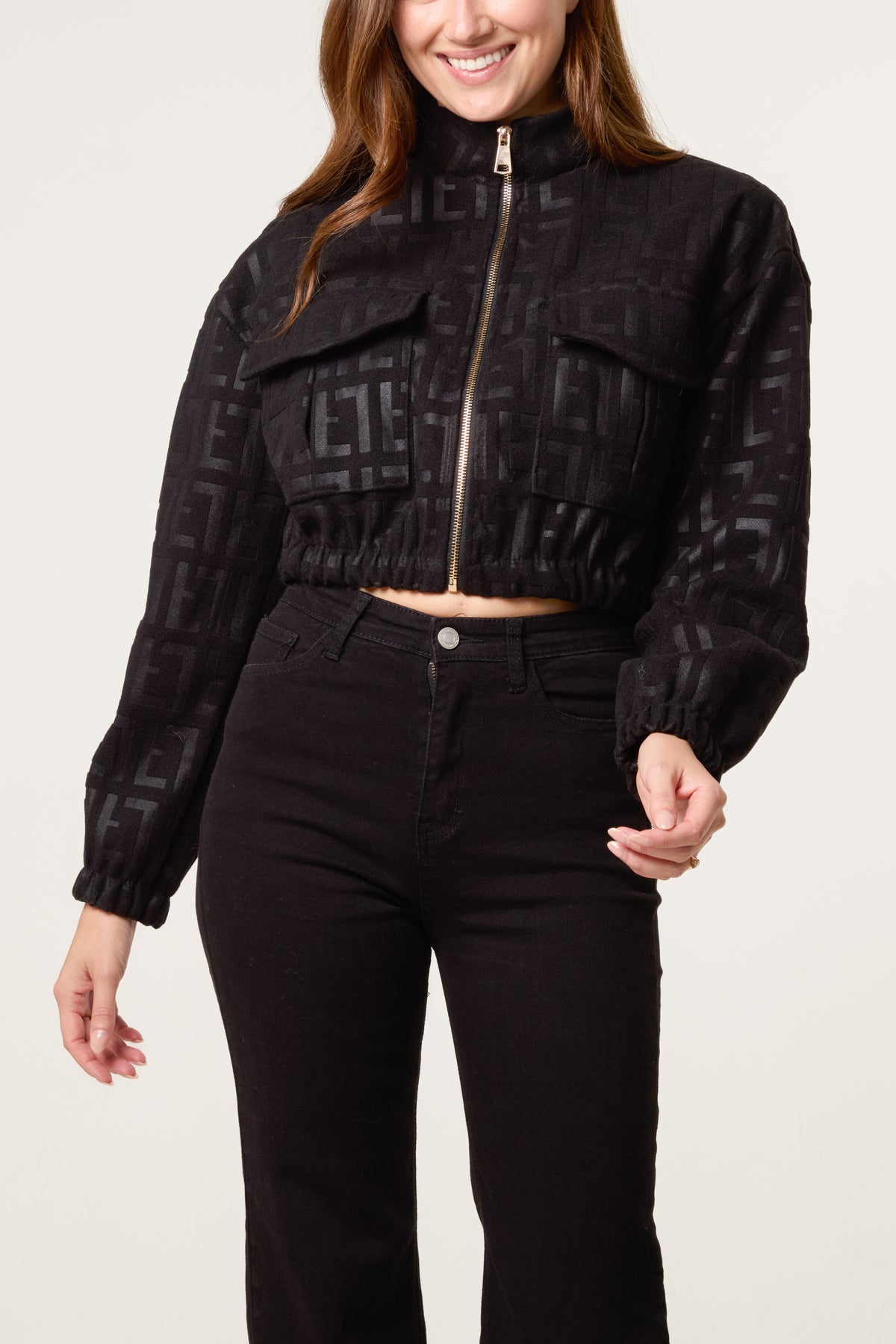 Patterned Wool Like Cropped Bomber