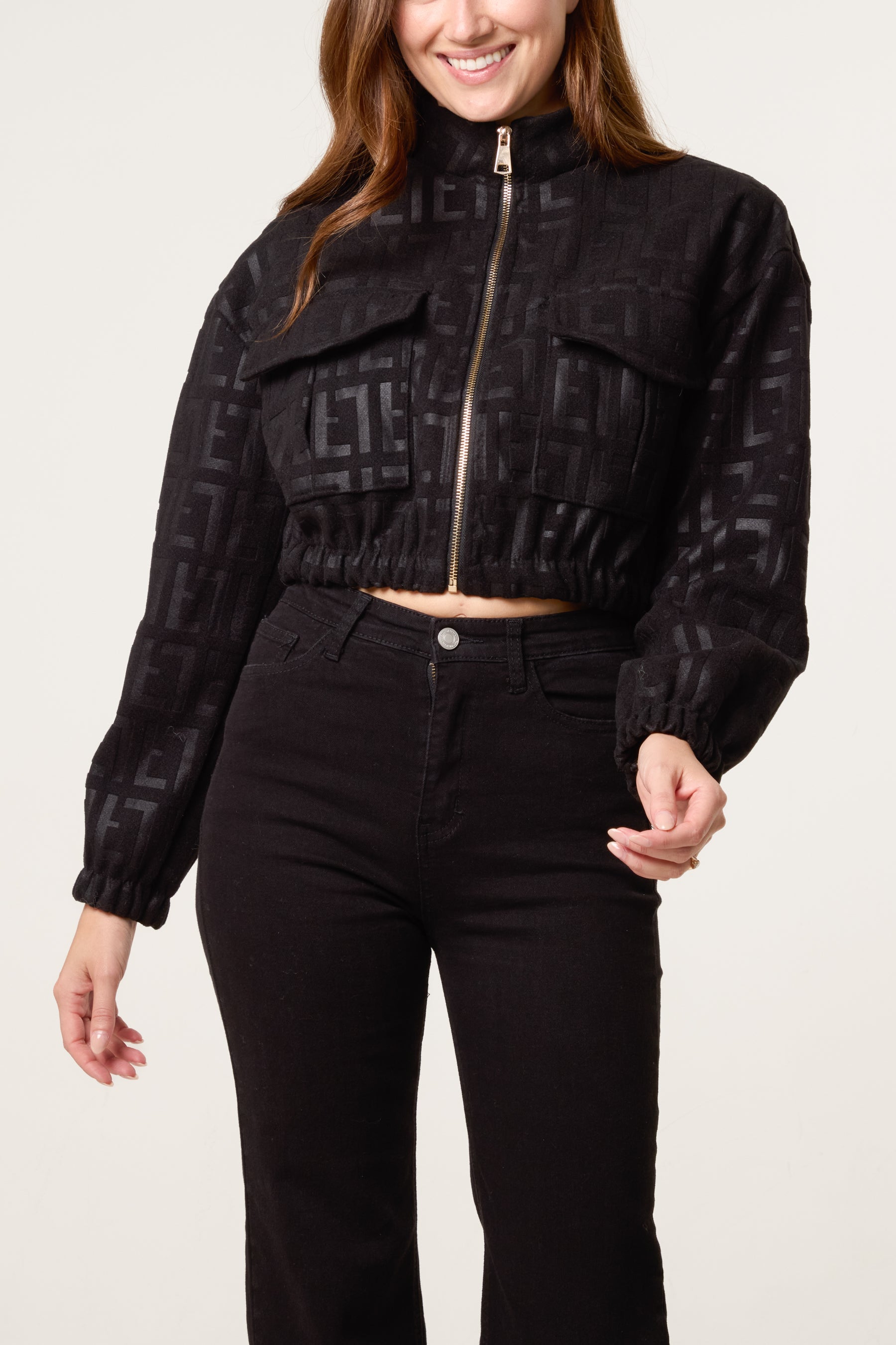 Patterned Wool Like Cropped Bomber