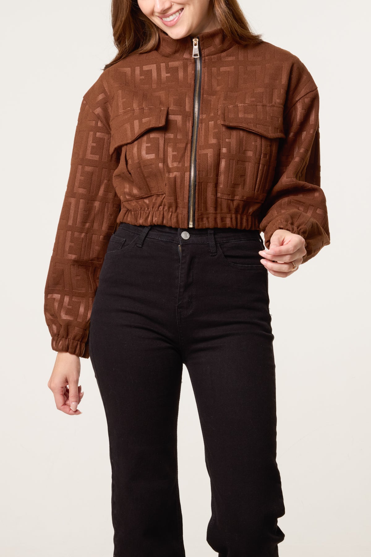 Patterned Wool Like Cropped Bomber