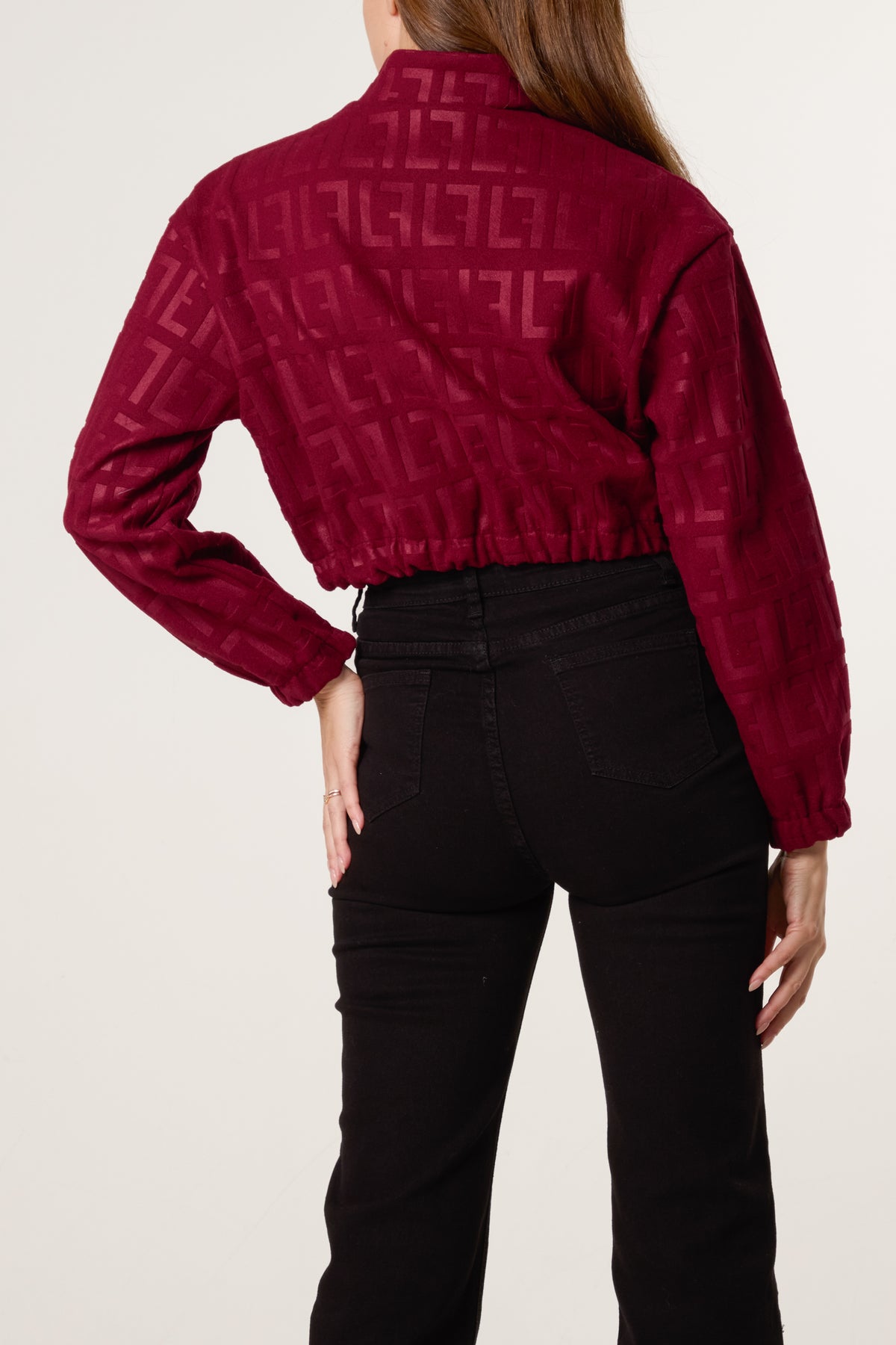 Patterned Wool Like Cropped Bomber