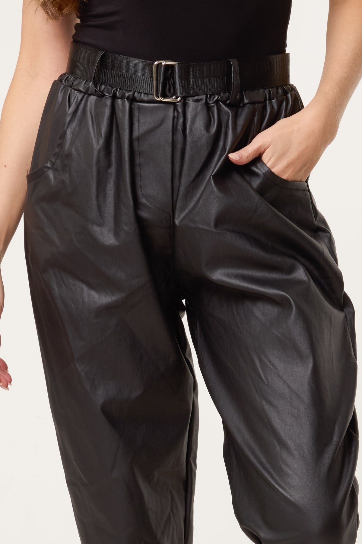 Belted PU Coated Barrel Leg Trousers