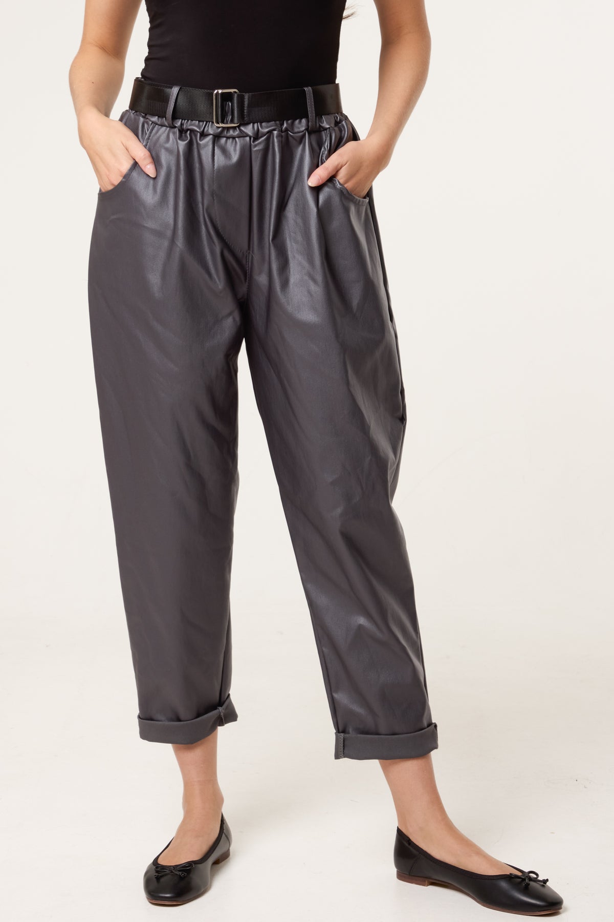 Belted PU Coated Barrel Leg Trousers