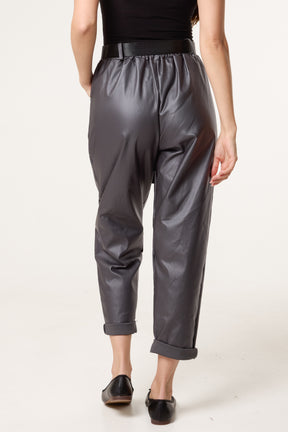 Belted PU Coated Barrel Leg Trousers