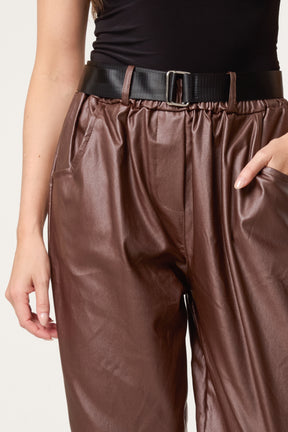 Belted PU Coated Barrel Leg Trousers
