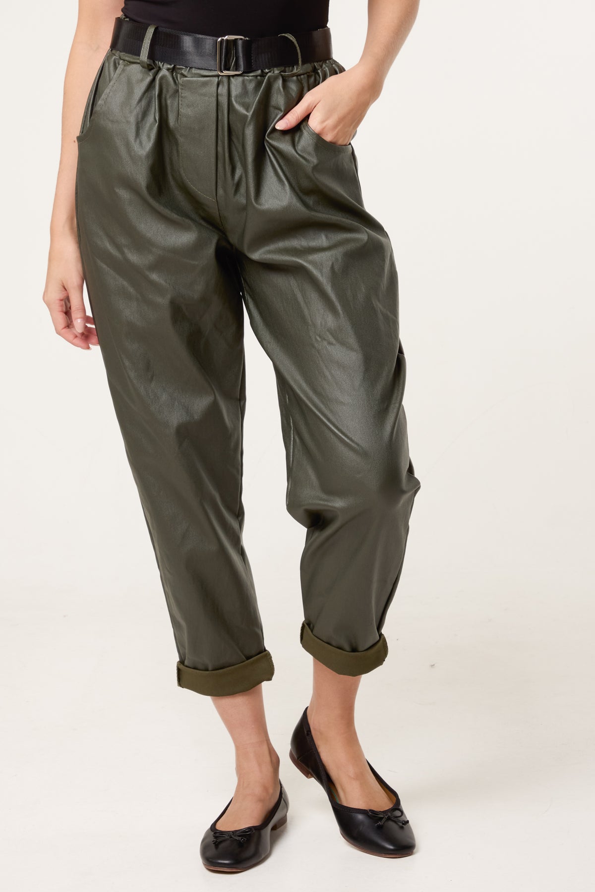Belted PU Coated Barrel Leg Trousers