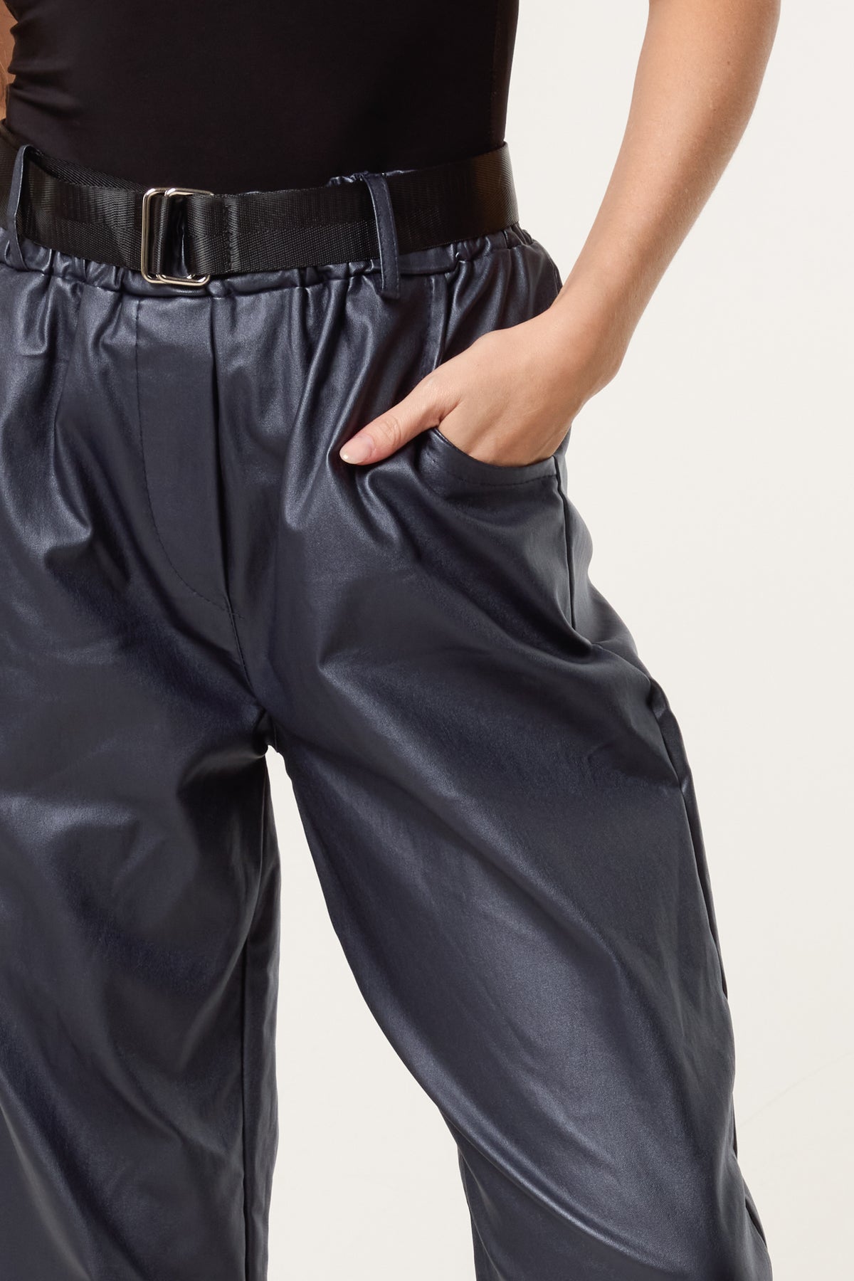 Belted PU Coated Barrel Leg Trousers