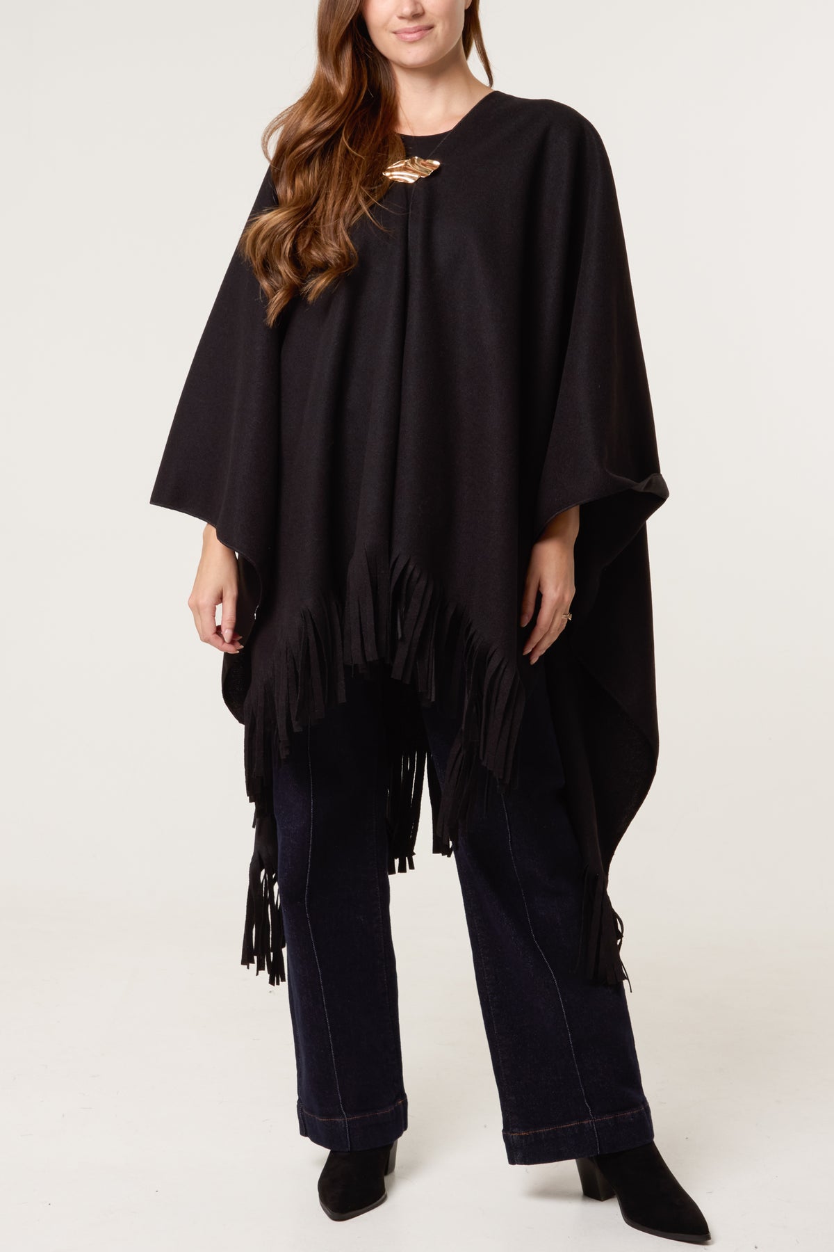 Brooch Fringe Hem Cape