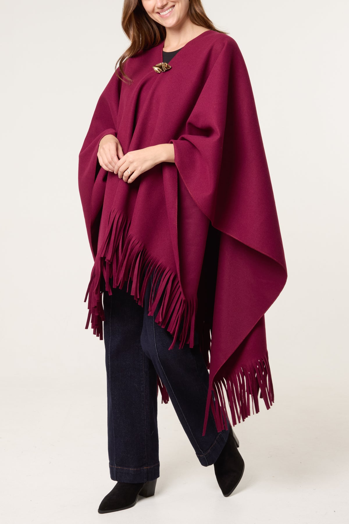 Brooch Fringe Hem Cape