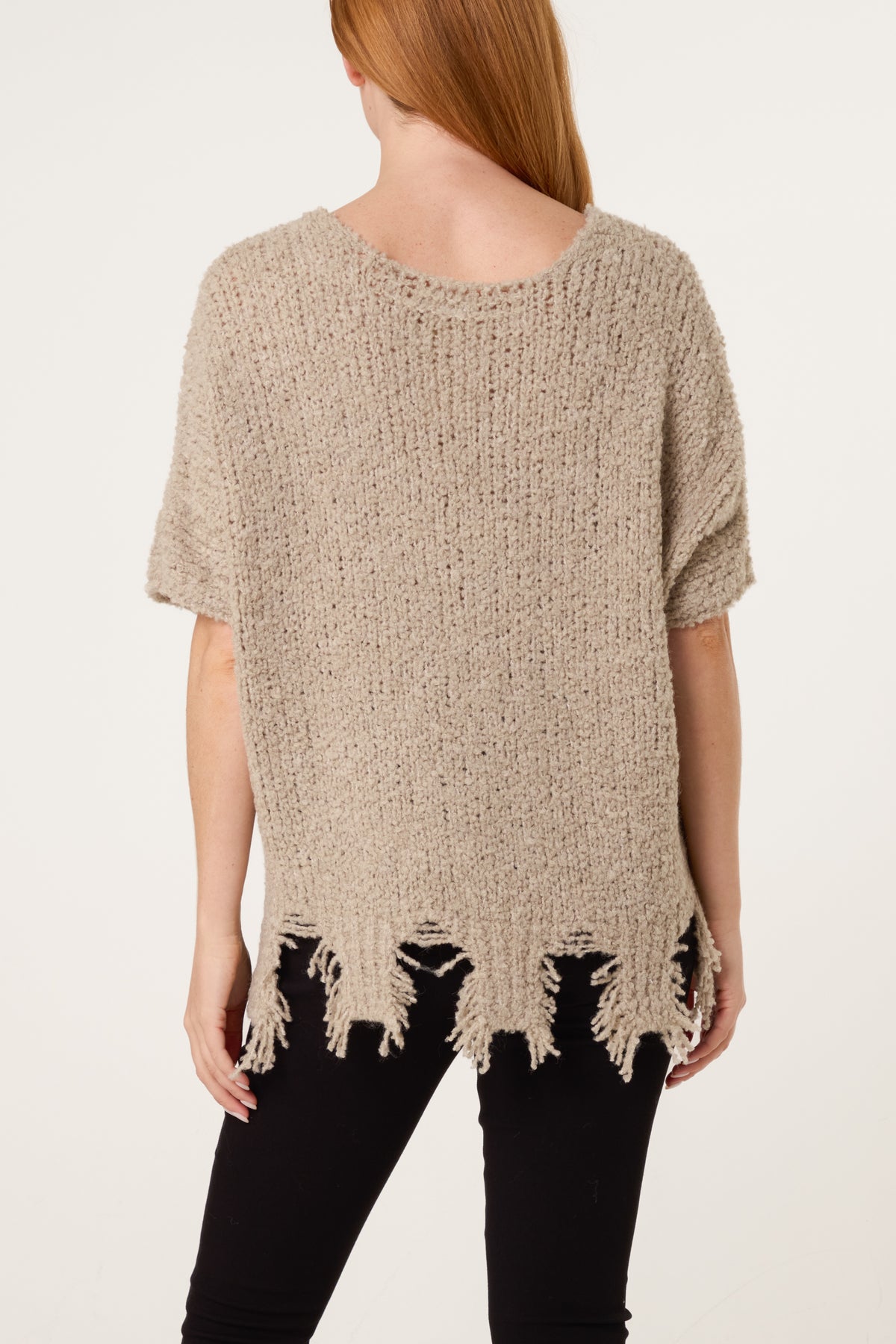 Boucle V-Neck Distress Hem Knit Top