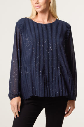 Glitter Pleated Long Sleeve Blouse