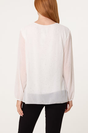 Glitter Pleated Long Sleeve Blouse