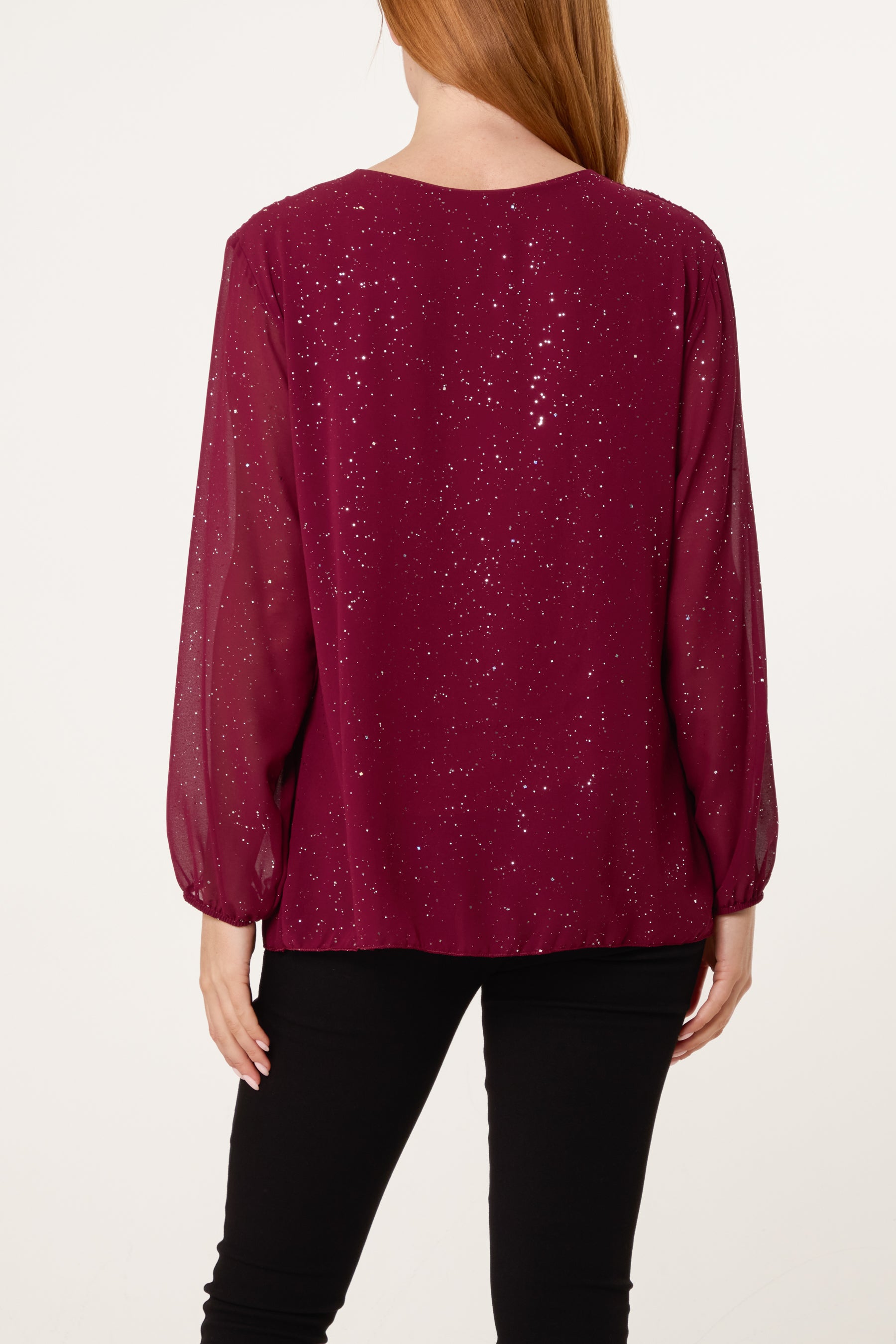 Glitter Pleated Long Sleeve Blouse