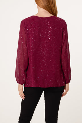 Glitter Pleated Long Sleeve Blouse