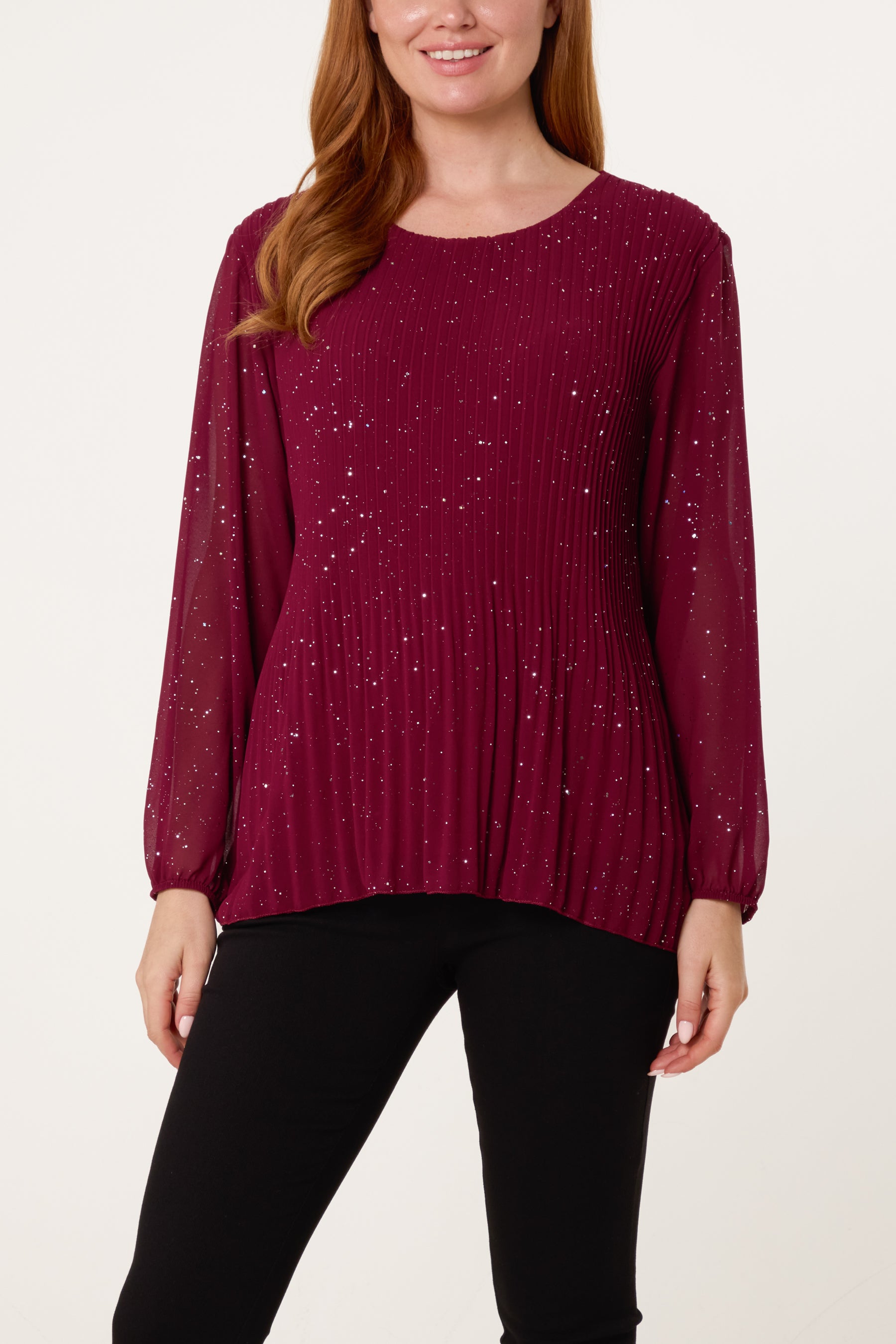 Glitter Pleated Long Sleeve Blouse