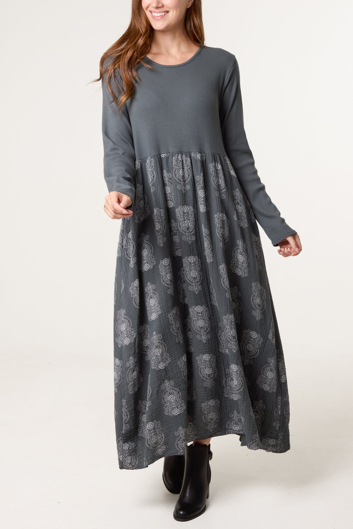 Ribbed Long Sleeve Mandala Midi Dress