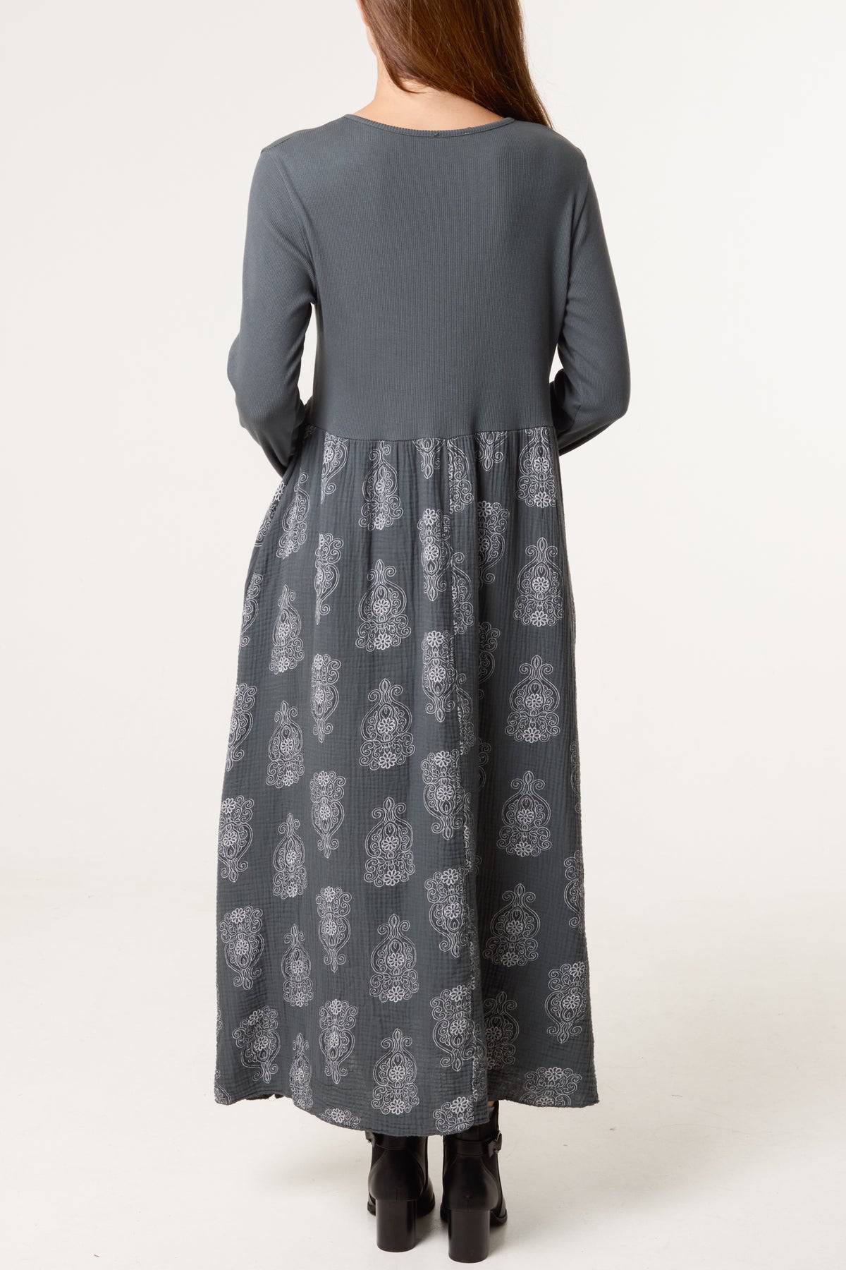 Ribbed Long Sleeve Mandala Midi Dress