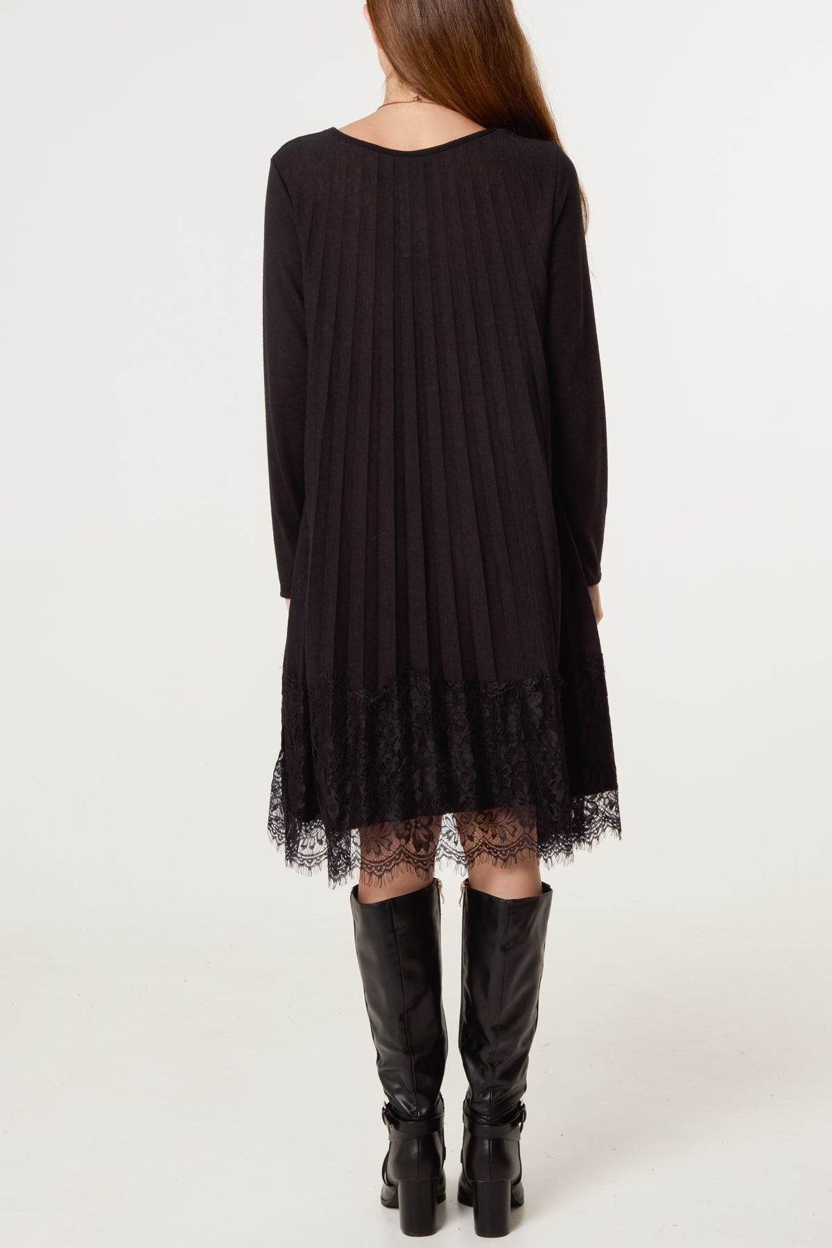 Wool Blend Pleated Lace Mini Dress