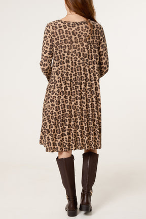 Leopard Print Knit Pleated Dress