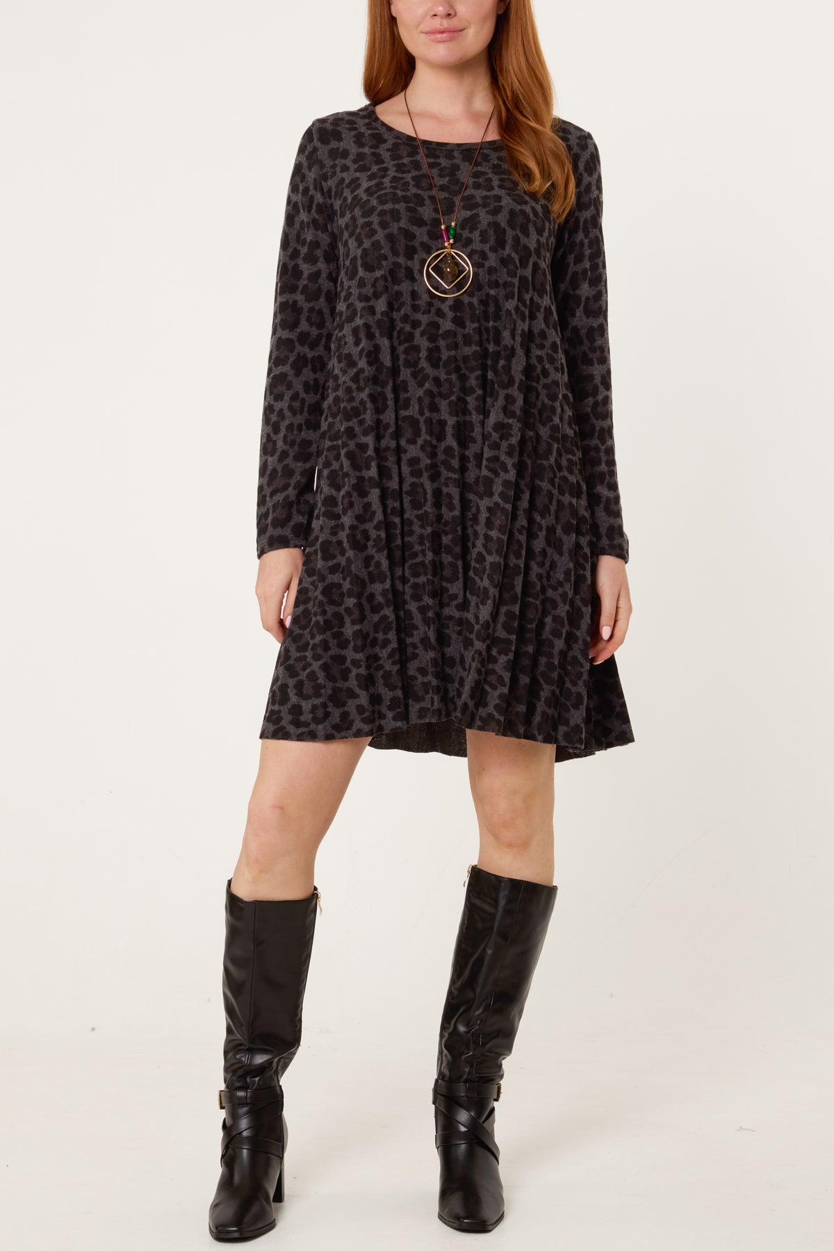 Leopard Print Knit Pleated Dress