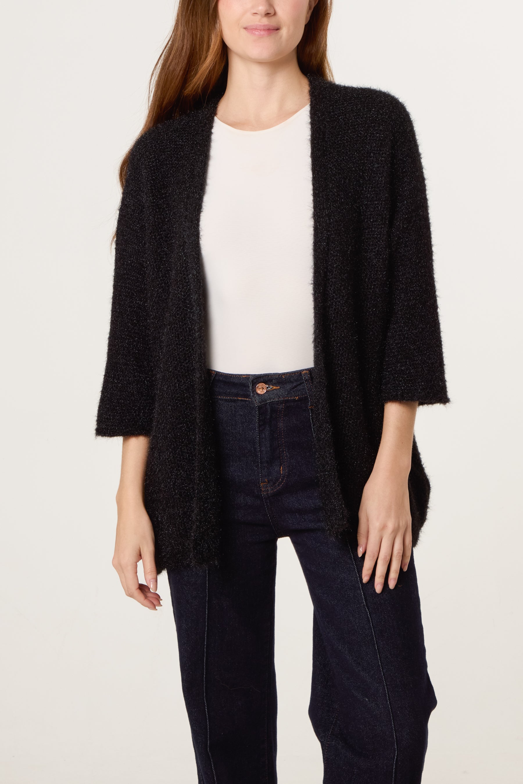 Fluffy Knit 3/4 Sleeve Cardigan