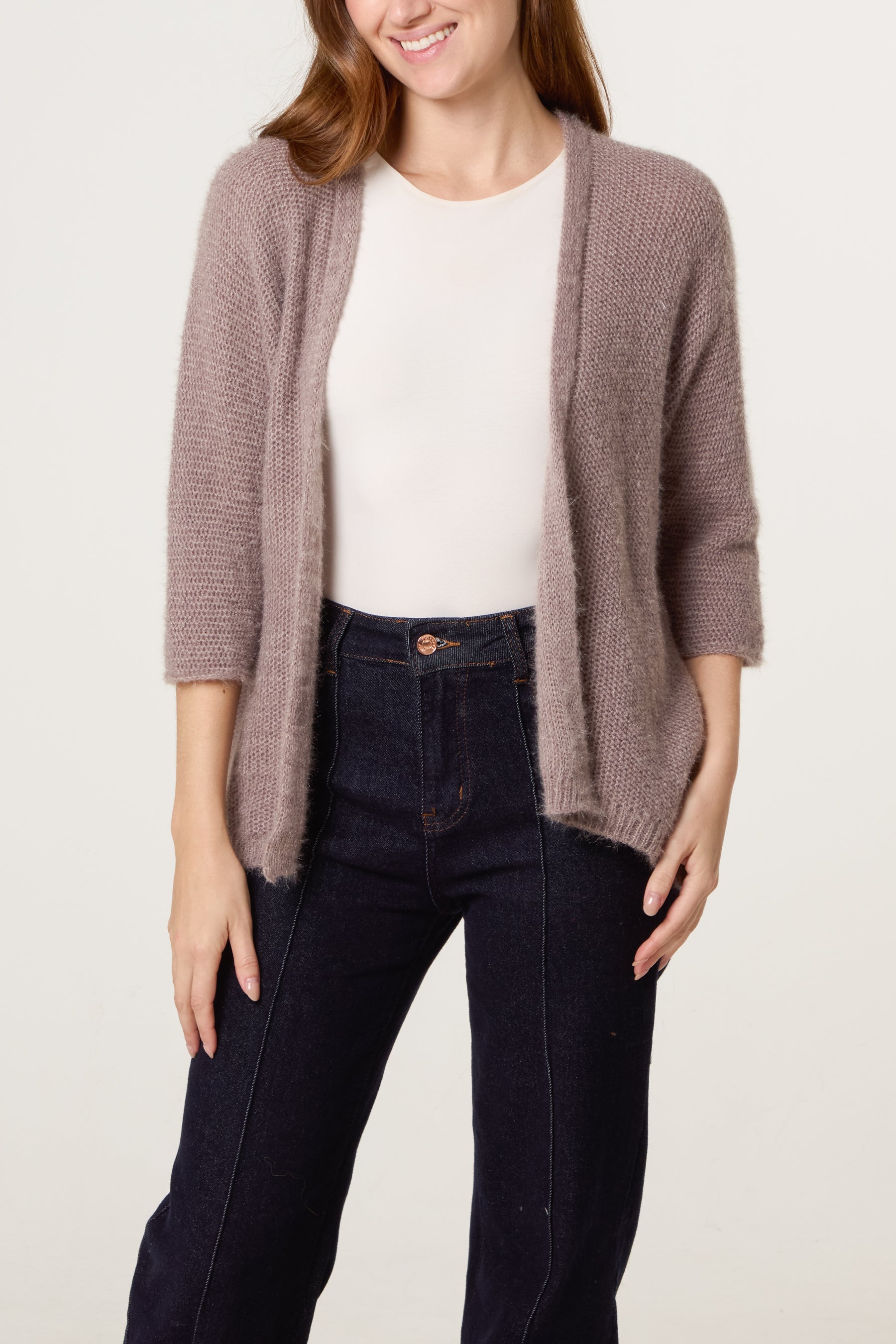 Fluffy Knit 3/4 Sleeve Cardigan
