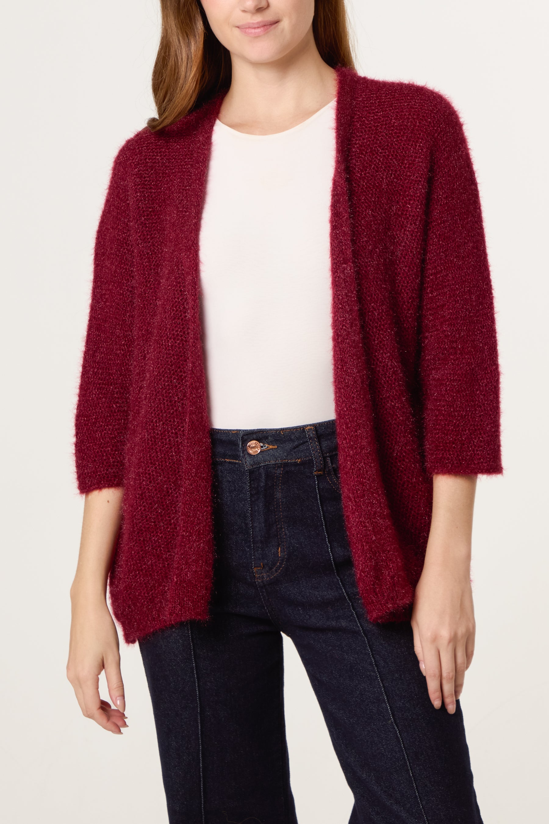 Fluffy Knit 3/4 Sleeve Cardigan