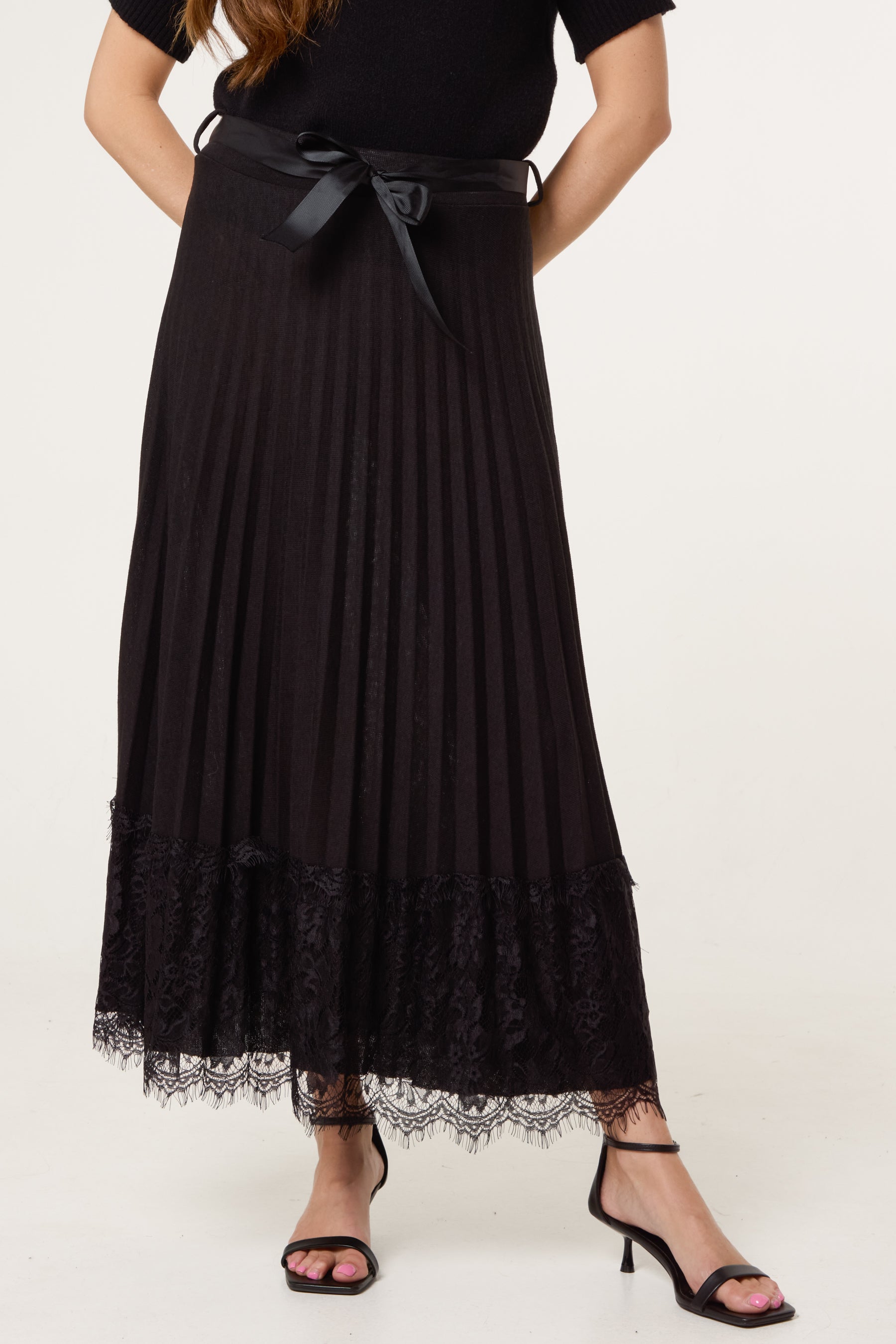 Pleated Wool Blend Lace Trim Skirt