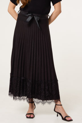 Pleated Wool Blend Lace Trim Skirt