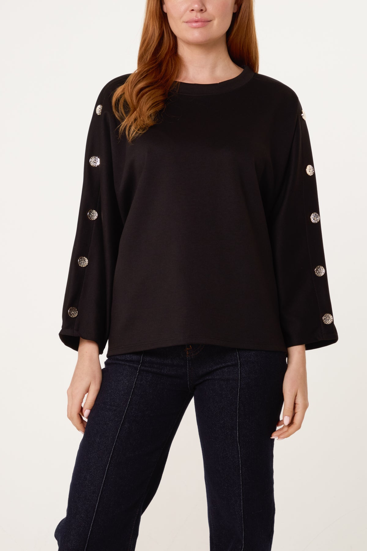 Button Detail Batwing Sweatshirt