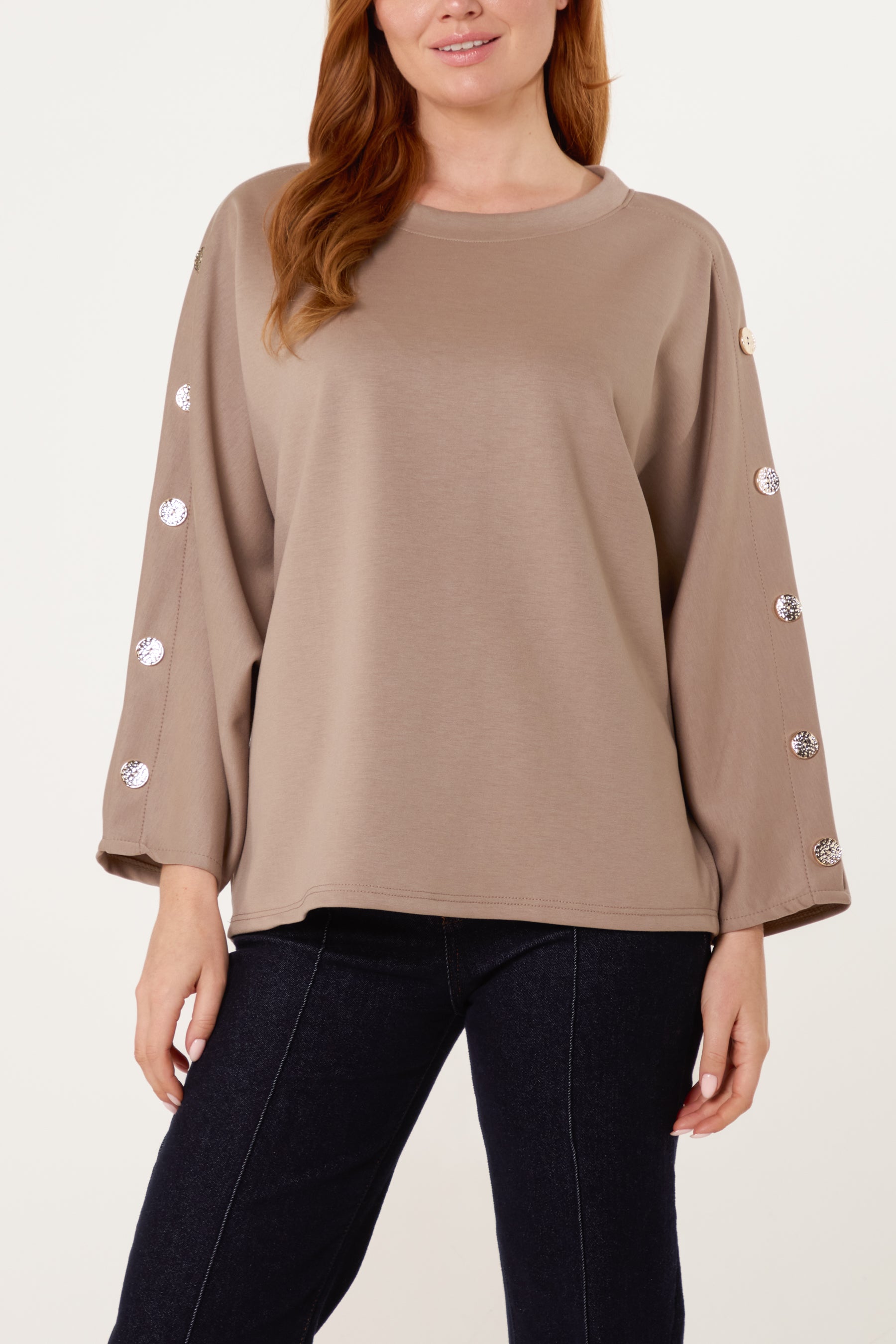 Button Detail Batwing Sweatshirt
