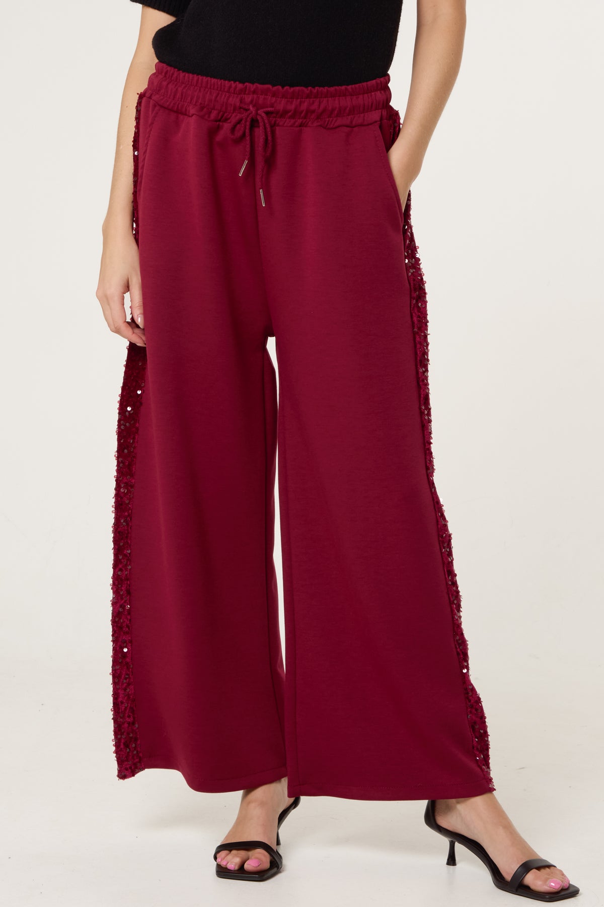 Sequin Velvet Trim Wide Leg Trousers