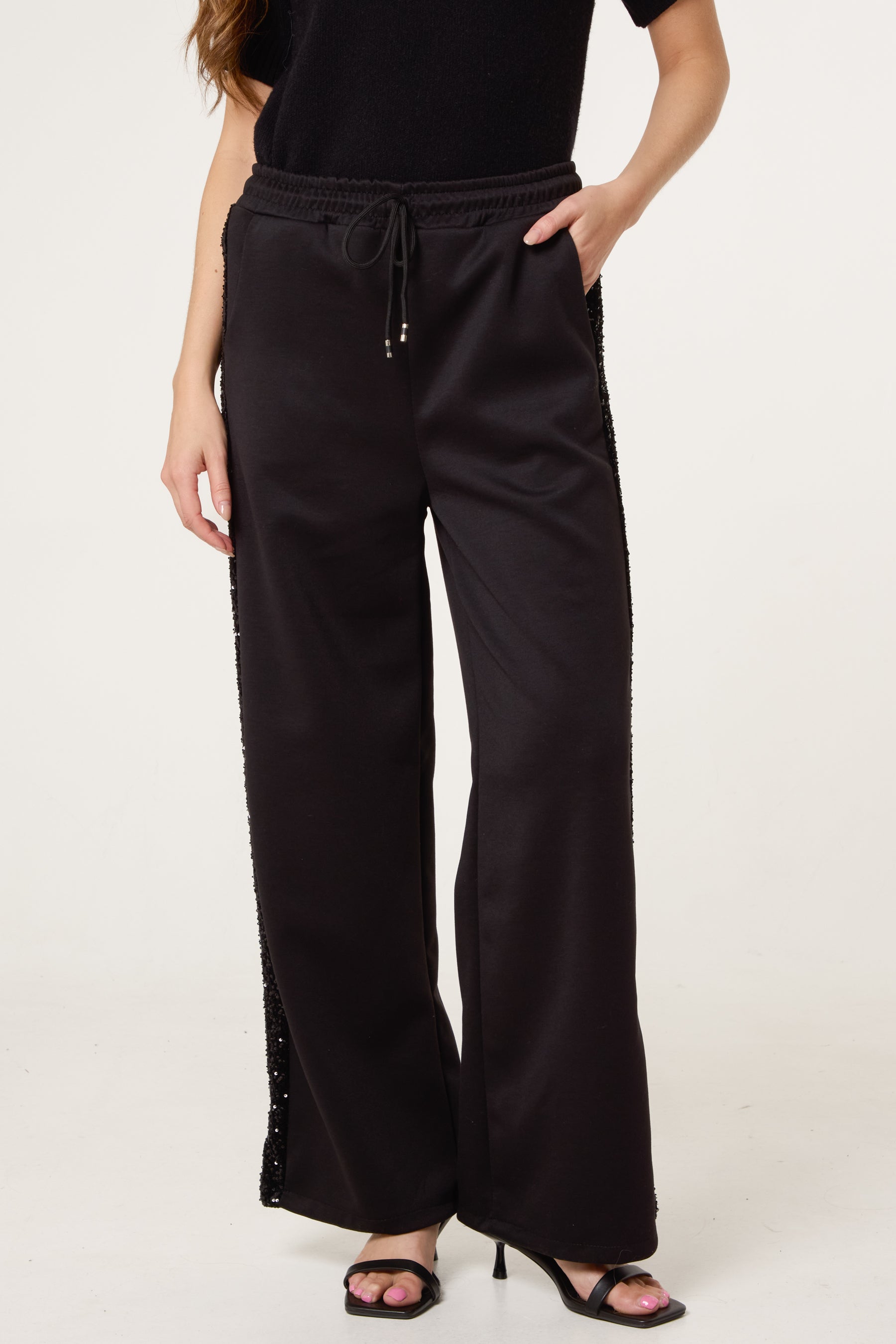 Sequin Velvet Trim Wide Leg Trousers