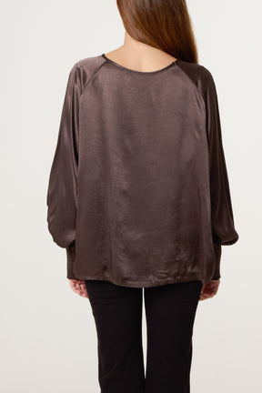 Cuff Raglan Sleeve Satin Blouse