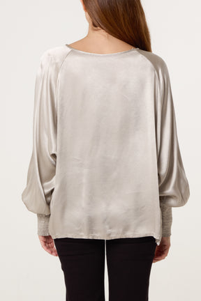 Cuff Raglan Sleeve Satin Blouse