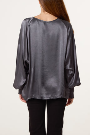 Cuff Raglan Sleeve Satin Blouse