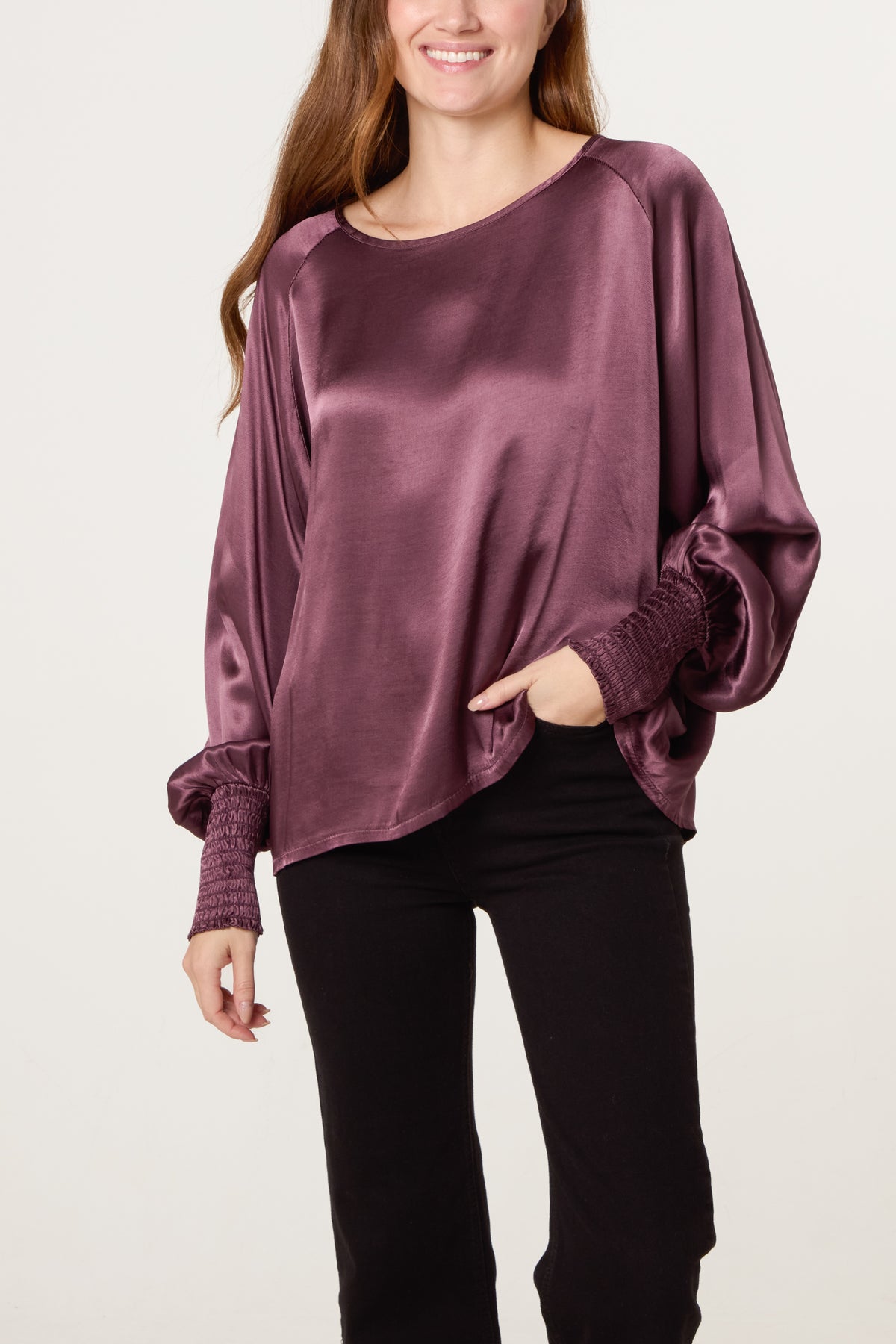 Cuff Raglan Sleeve Satin Blouse