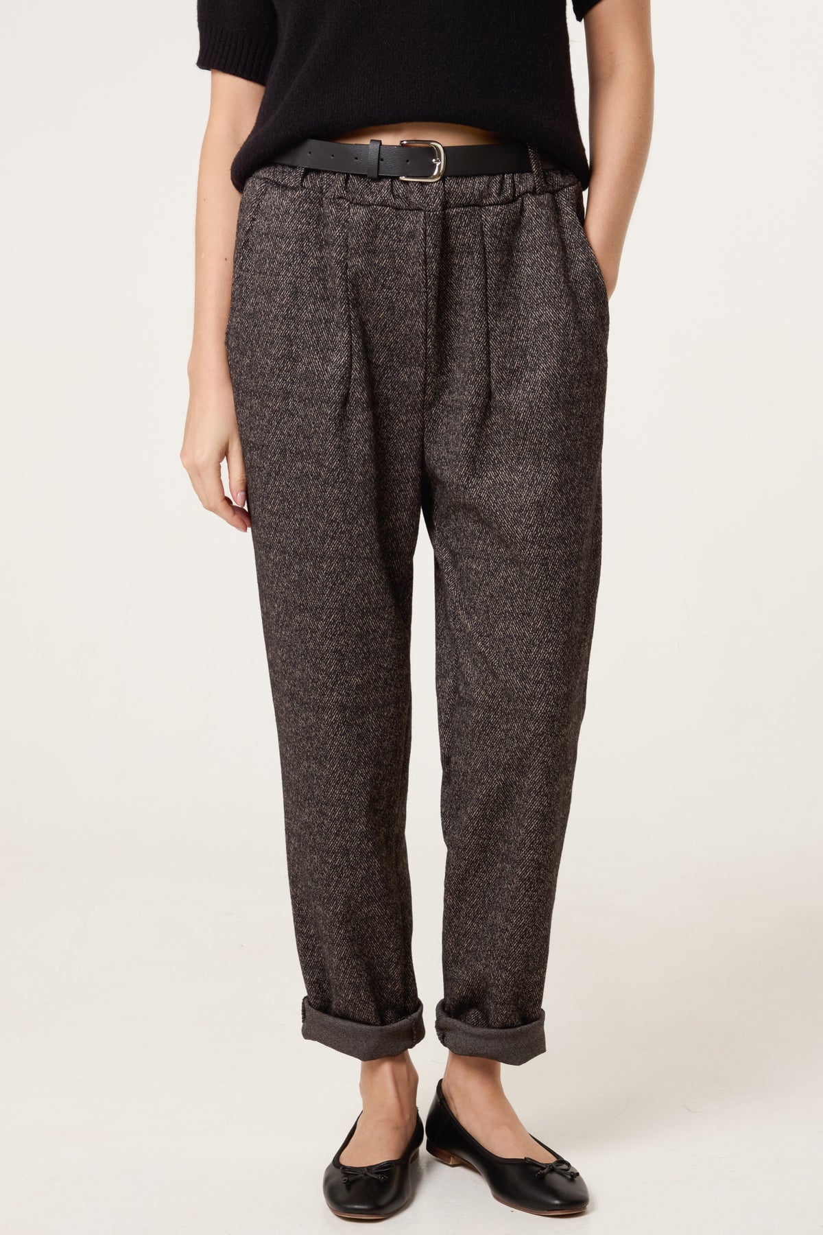 Belted Herringbone Trousers