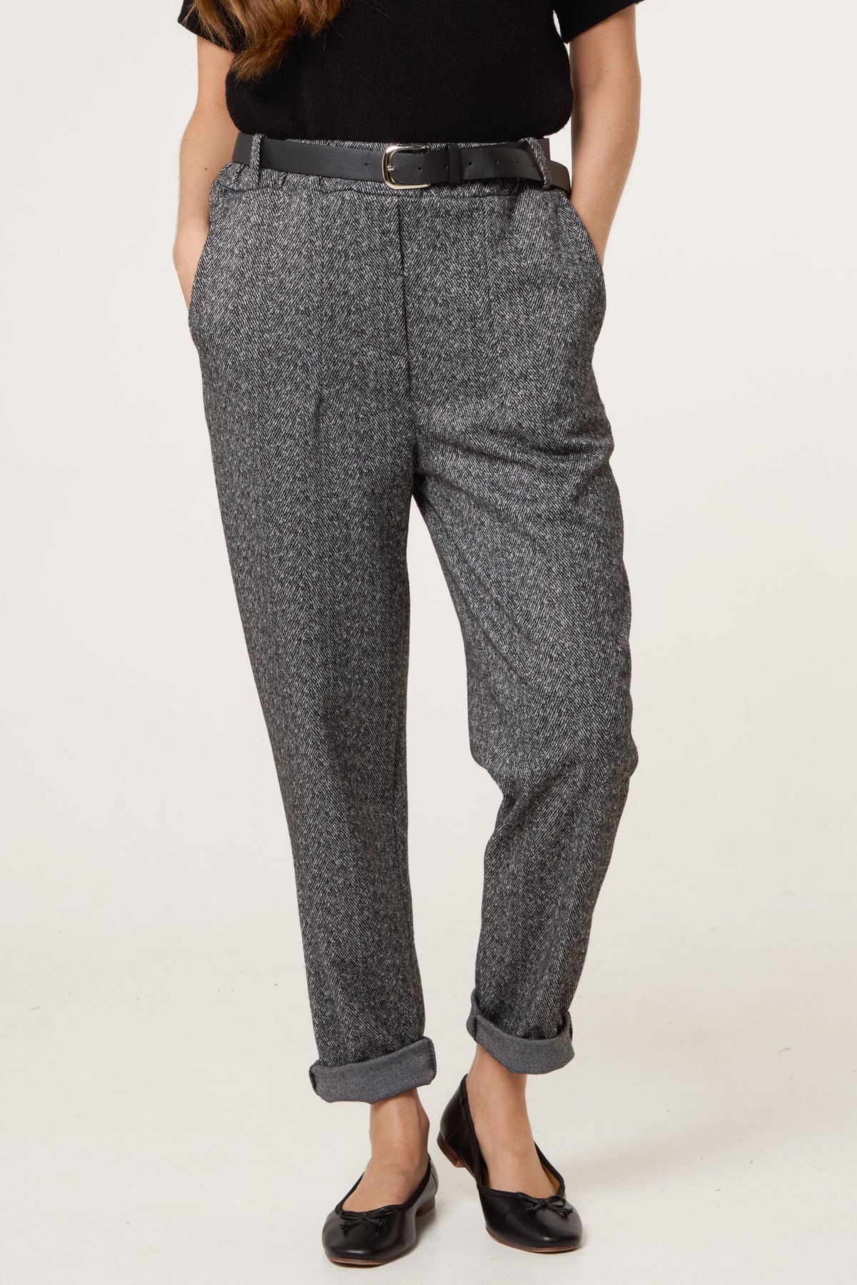 Belted Herringbone Trousers