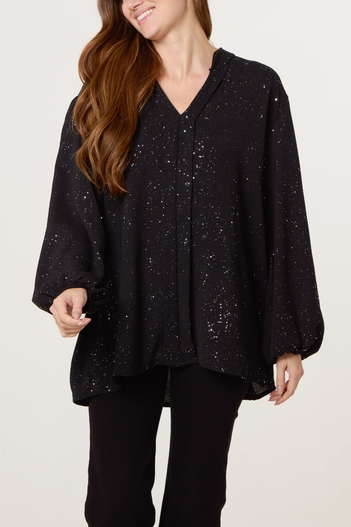 Metallic Glitter Collarless V-Neck Blous
