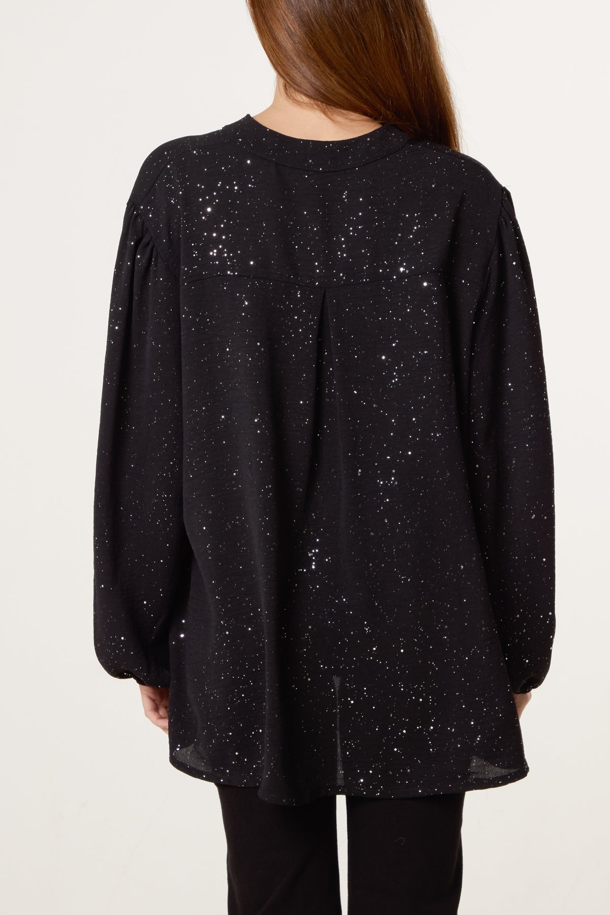 Metallic Glitter Collarless V-Neck Blous