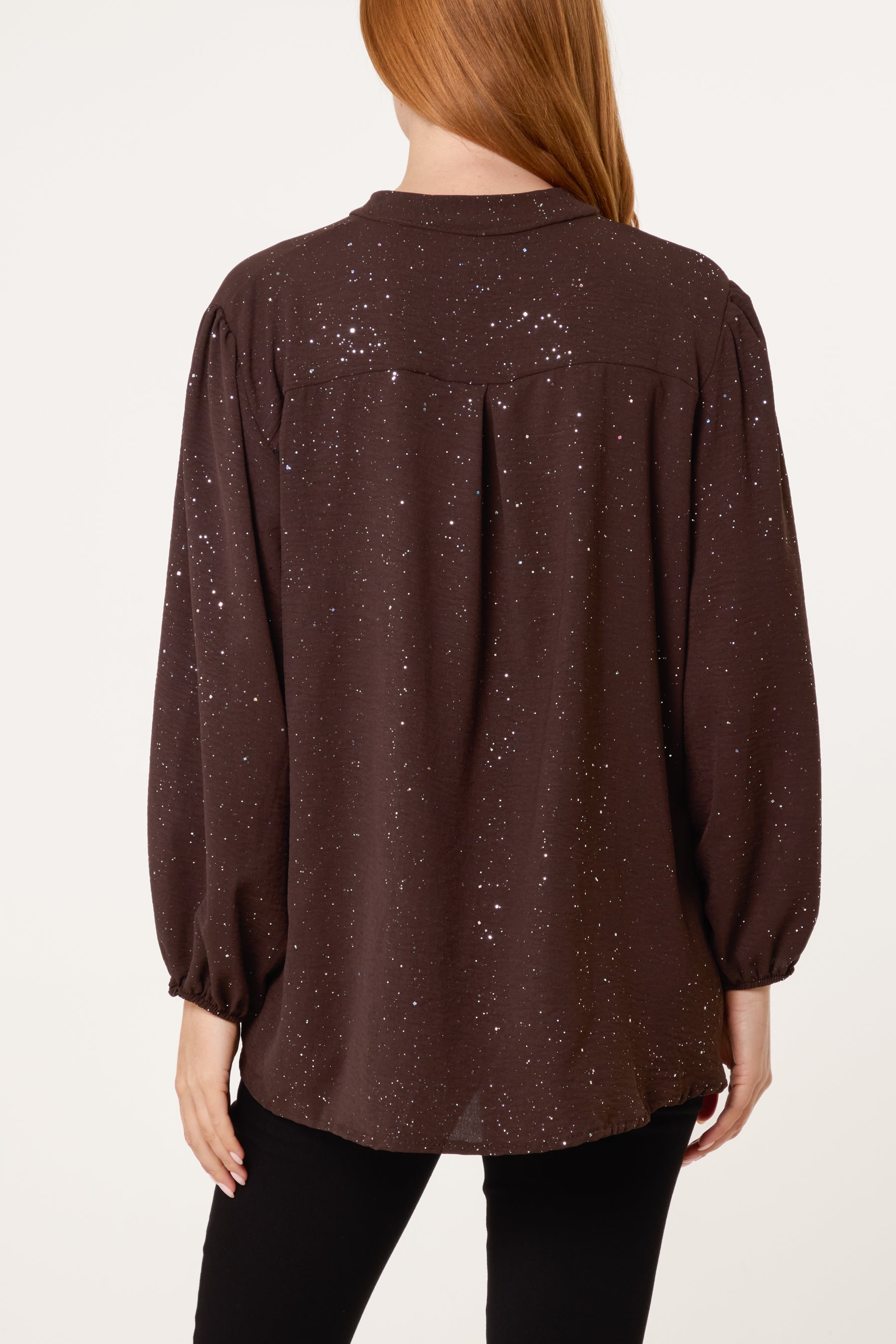 Metallic Glitter Collarless V-Neck Blouse