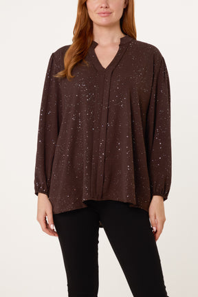 Metallic Glitter Collarless V-Neck Blouse