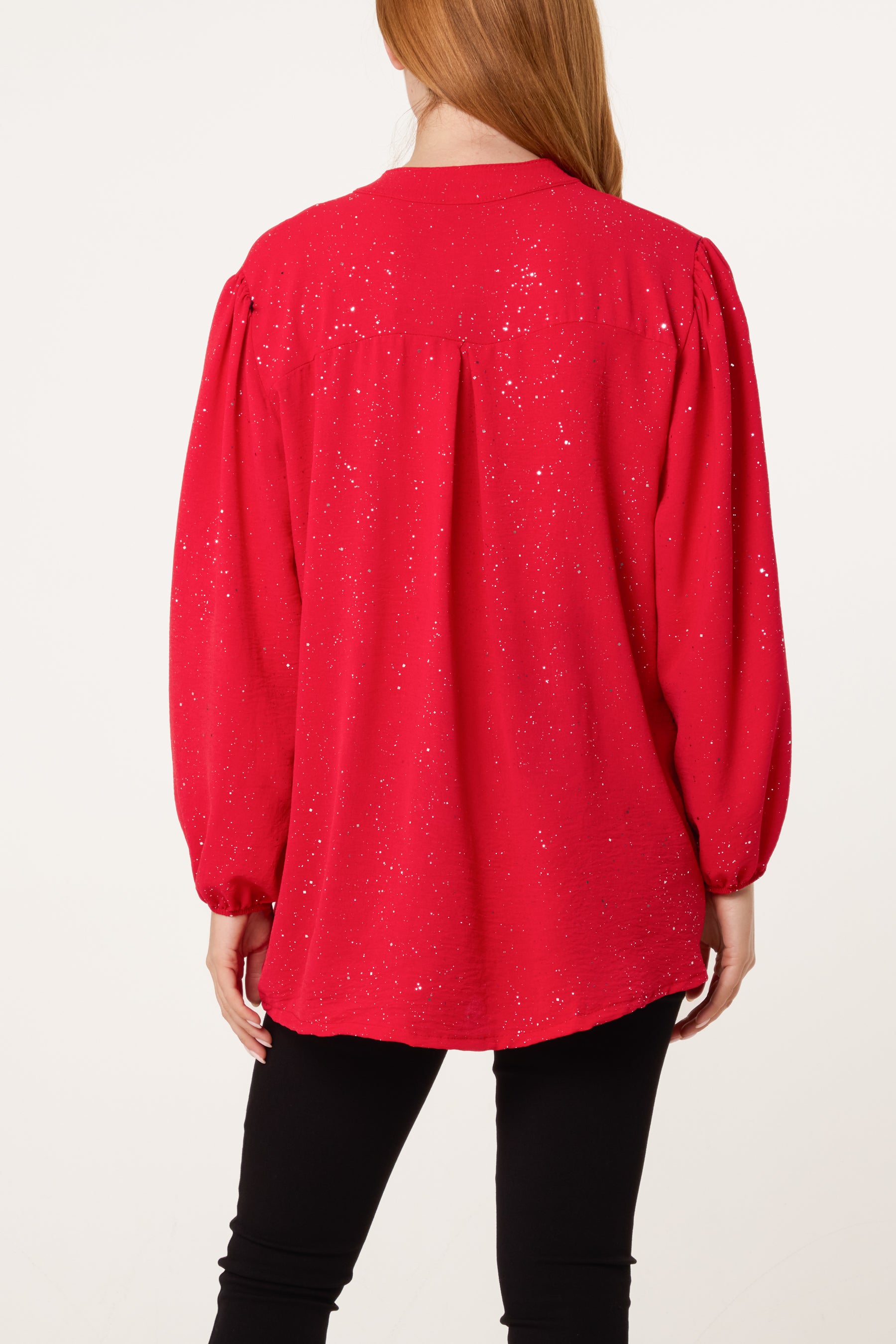 Metallic Glitter Collarless V-Neck Blouse