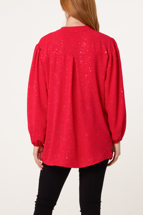 Metallic Glitter Collarless V-Neck Blouse