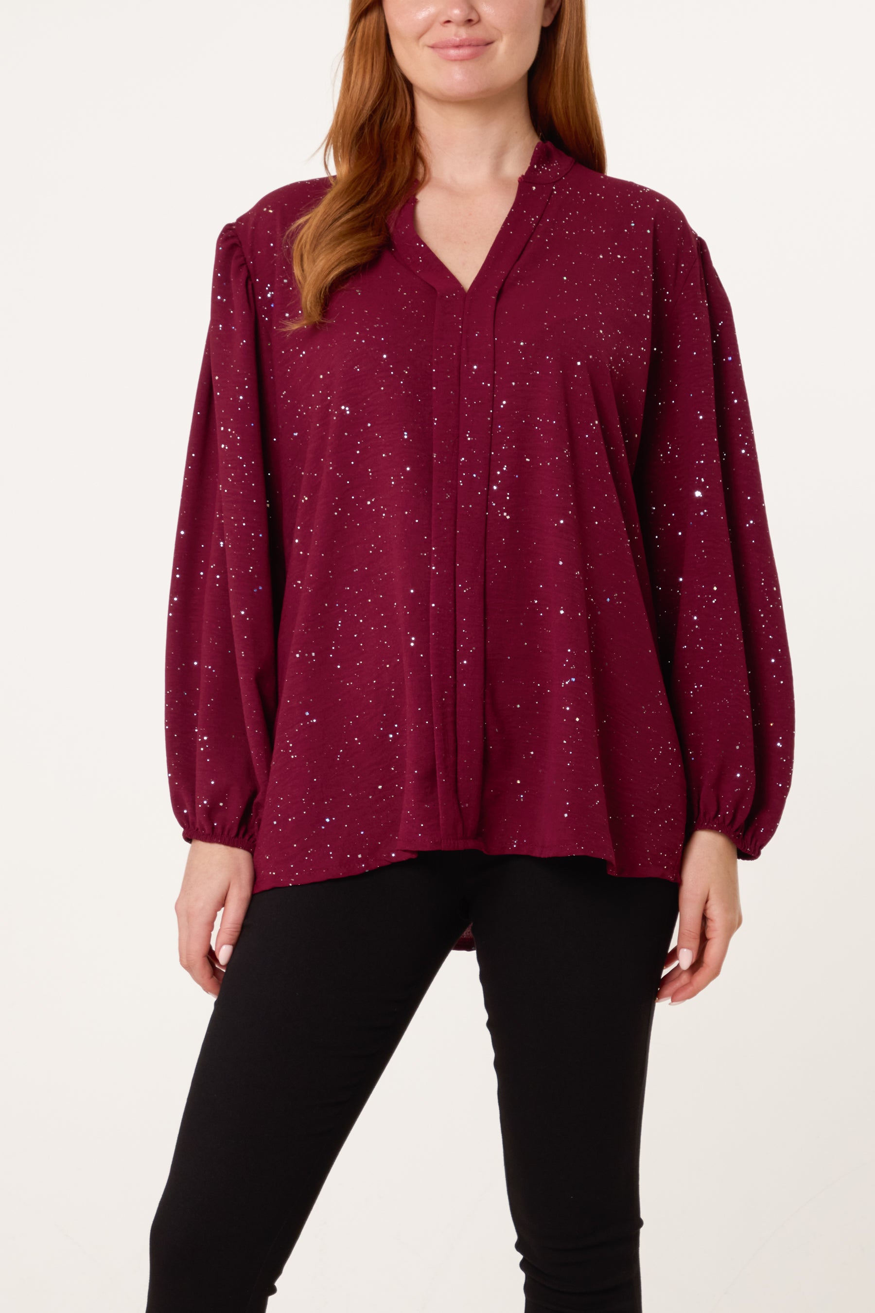 Metallic Glitter Collarless V-Neck Blouse