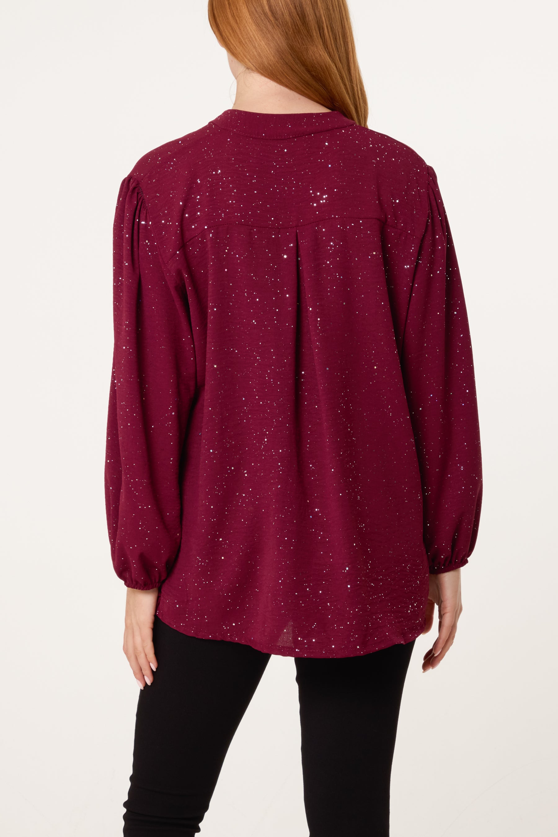 Metallic Glitter Collarless V-Neck Blouse