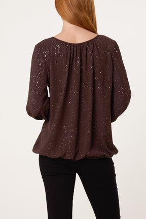 Scoop Neck Glitter Sheer Blouse